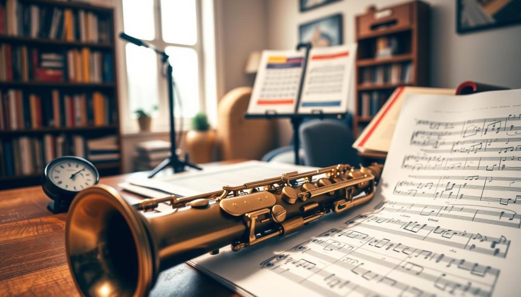 A close-up shot of neatly organized lecture notes on saxophone rhythm, placed on a wooden desk. The foreground features sheet music with clear, hand-written notations and a saxophone resting beside it. In the middle ground, a metronome ticks gently, and a music stand holds more colorful sheet music. The background showcases a softly lit room with bookshelves filled with music theory books and a window letting in warm daylight, creating a cozy, focused atmosphere. The overall mood is one of dedication and learning, emphasizing the importance of mastering rhythm for saxophone playing. The image is shot from a slightly elevated angle, enhancing the detail of the notes and instruments, ensuring a professional and inviting feel.