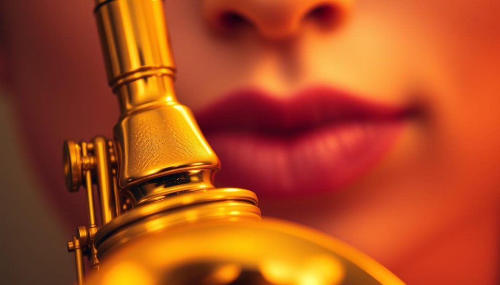 A close-up view of a saxophone mouthpiece and embouchure, showcasing the delicate details of the beak and the surrounding lip positioning. The foreground features a glistening gold saxophone mouthpiece reflecting soft lighting, highlighting its curves and texture. In the middle ground, a pair of elegantly formed lips created with a soft focus illustrates the embouchure technique, lightly pressing against the mouthpiece. The background is blurred to emphasize the subject without distraction, featuring soft, warm hues that evoke a calm, focused atmosphere. The overall mood is one of intimacy and concentration, perfect for optimizing performance and sound in relation to the alto saxophone's tonal characteristics. The lighting is warm and inviting, suggesting a practice environment, captured from a slightly elevated angle to enhance depth. A close-up view of a saxophone mouthpiece and embouchure, showcasing the delicate details of the beak and the surrounding lip positioning. The foreground features a glistening gold saxophone mouthpiece reflecting soft lighting, highlighting its curves and texture. In the middle ground, a pair of elegantly formed lips created with a soft focus illustrates the embouchure technique, lightly pressing against the mouthpiece. The background is blurred to emphasize the subject without distraction, featuring soft, warm hues that evoke a calm, focused atmosphere. The overall mood is one of intimacy and concentration, perfect for optimizing performance and sound in relation to the alto saxophone's tonal characteristics. The lighting is warm and inviting, suggesting a practice environment, captured from a slightly elevated angle to enhance depth.