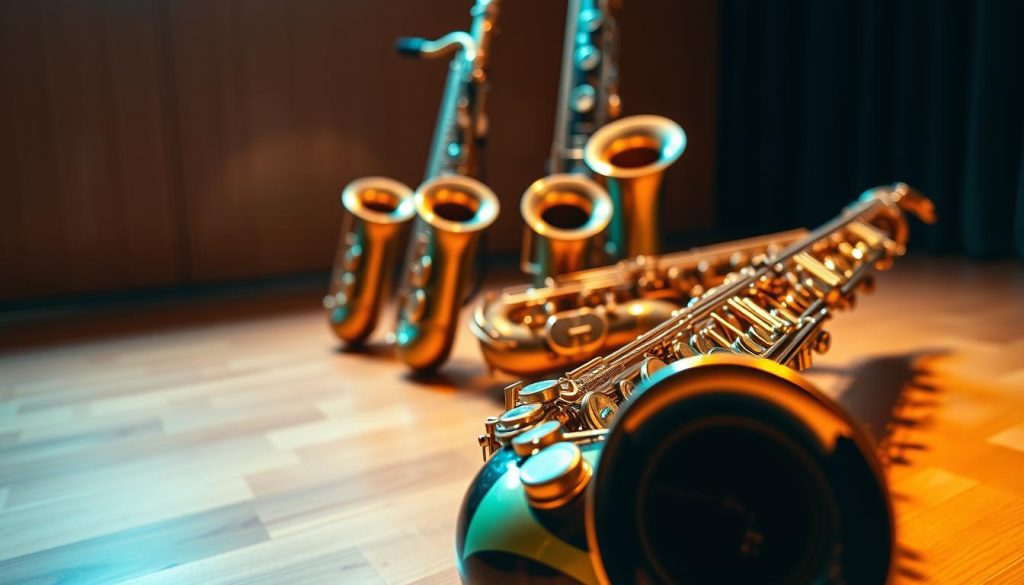 A close-up view of a section of saxophones, showcasing an alto, soprano, tenor, and baritone saxophone arranged in a semi-circle on a polished wooden stage. The alto saxophone is prominently positioned in the foreground, with intricate detailing of its keys and vibrant lacquer reflecting soft stage lights. The middle layer features the soprano and tenor saxophones slightly behind, their curves graceful and mirrored in soft-focus, adding depth to the composition. In the background, the baritone saxophone looms larger, its rich brass finish highlighted by warm ambient lighting. A subtle blue-green hue envelopes the scene, creating a harmonious and inviting atmosphere, perfect for a discussion about their tonal characteristics in an ensemble. The image captures the elegance and complexity of these instruments, emphasizing their unique profiles without any text or distractions. A close-up view of a section of saxophones, showcasing an alto, soprano, tenor, and baritone saxophone arranged in a semi-circle on a polished wooden stage. The alto saxophone is prominently positioned in the foreground, with intricate detailing of its keys and vibrant lacquer reflecting soft stage lights. The middle layer features the soprano and tenor saxophones slightly behind, their curves graceful and mirrored in soft-focus, adding depth to the composition. In the background, the baritone saxophone looms larger, its rich brass finish highlighted by warm ambient lighting. A subtle blue-green hue envelopes the scene, creating a harmonious and inviting atmosphere, perfect for a discussion about their tonal characteristics in an ensemble. The image captures the elegance and complexity of these instruments, emphasizing their unique profiles without any text or distractions.