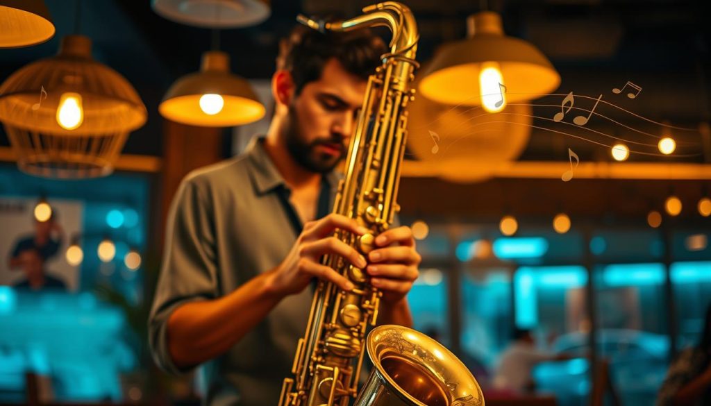 A cozy jazz bossa vibe featuring a close-up of a shimmering alto saxophone, set against a softly blurred backdrop of a stylish café ambiance with warm lighting. In the foreground, the saxophone gleams under the golden glow of pendant lights. In the middle, a musician in modest casual attire, deeply focused, holds the saxophone, fingers poised to play, conveying passion and dedication. The atmosphere is infused with a soft haze, hinting at the rhythm and soul of jazz bossa music, while gentle notes visually ripple through the air, embodying an inviting musical journey. The entire scene evokes a sense of relaxation and creativity, ideal for aspiring saxophonists.