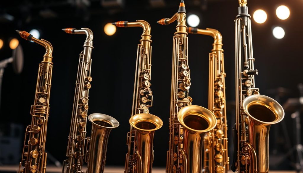 A detailed comparison of four types of saxophones: alto, soprano, tenor, and baritone. In the foreground, display polished alto saxophonists positioned next to a sleek soprano, a robust tenor, and an imposing baritone saxophone, showcasing their distinct shapes and sizes. In the middle ground, highlight the intricate keys and mouthpieces of each saxophone, emphasizing their unique design features. The background features a soft-focus stage with ambient lighting, hinting at a musical performance atmosphere. Utilize a shallow depth of field to draw attention to the saxophones. The mood should be reflective and educational, capturing the essence of musical exploration. Ensure no text or other distractions are present in the image.