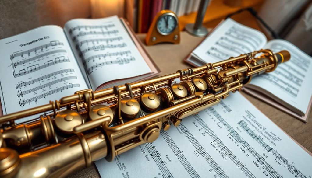 A detailed depiction of a saxophone in the foreground, showcasing its polished brass finish and intricate key mechanisms. Surrounding the saxophone, a sheet of music with notes and annotations in a clear, readable style, subtly emphasizing the transposition into E♭. In the middle ground, you can see a well-organized workspace with music books, a metronome, and a small music stand, providing context to the scene. The background features soft, warm lighting that creates a cozy atmosphere, perhaps suggesting a practice room. The angle is slightly top-down to capture all elements cohesively, with a focus on clarity and professionalism. The mood should be inspiring and educational, inviting musicians to engage with the material.