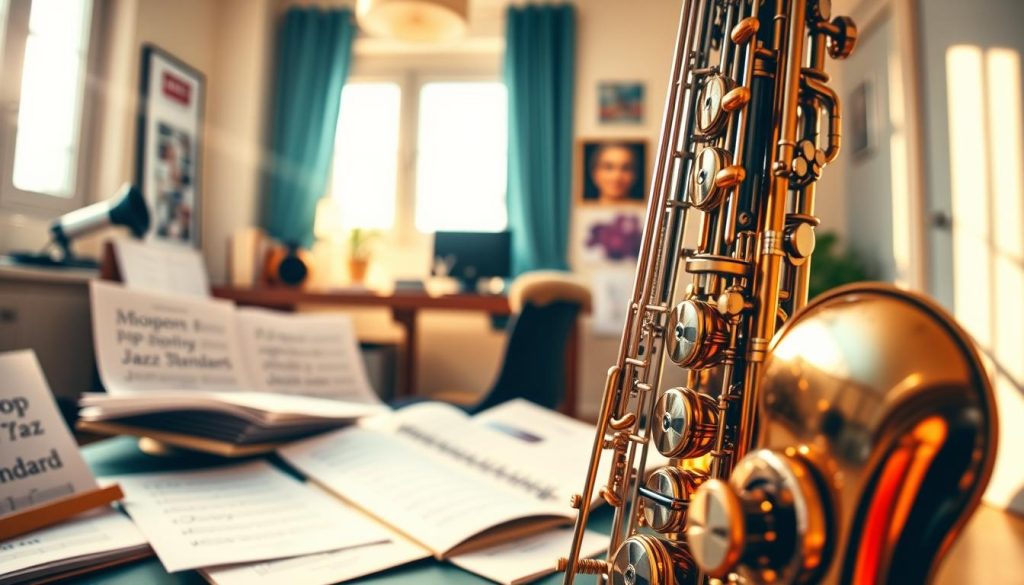 A vibrant and dynamic scene featuring a modern saxophone in a sunlit room filled with musical sheets. In the foreground, a polished alto saxophone glimmers, showcasing its intricate details like shiny keys and a joyful reflective surface. In the middle, scattered music sheets display modern pop songs and jazz standards, inviting players to explore enjoyment in their practice. The background features a stylish workspace with soft natural light filtering through a window, casting gentle shadows. The atmosphere conveys a sense of inspiration and creativity, with an overall warm color palette. The lens captures the scene at a slight angle, emphasizing the saxophone as the focal point while keeping the background beautifully blurred to draw attention to the instrument.