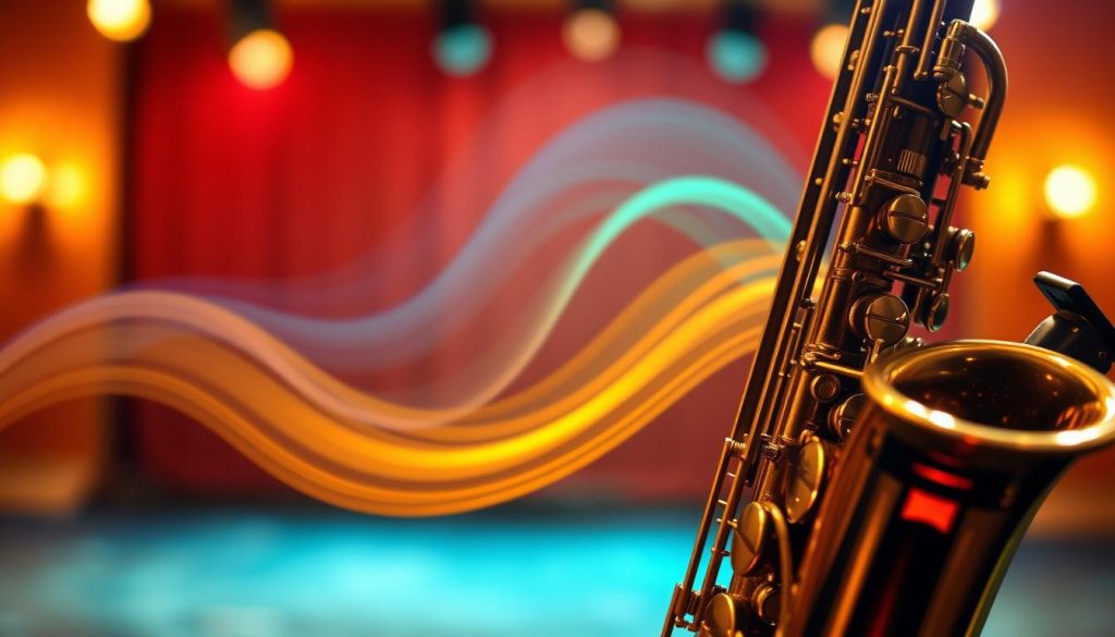 An intricate illustration of the "registers" of the alto saxophone, showcasing a rich tonal spectrum. In the foreground, a close-up of a beautifully crafted alto saxophone, its keys gleaming and texture detailed, positioned at an angle to emphasize its curves. In the middle ground, soft waves of sound emanate, represented through vibrant colors—deep blues, warm golds, and bright greens—symbolizing the various tonal registers. The background features a subtle, blurred stage setting with warm spotlighting that creates a cozy and inviting atmosphere, suggesting a live performance environment. The overall mood is dynamic and harmonious, evoking a sense of musicality and artistry, conveying the diverse sound palette of the alto saxophone. The lighting is soft and focused, enhancing the details of the instrument without harsh contrasts.